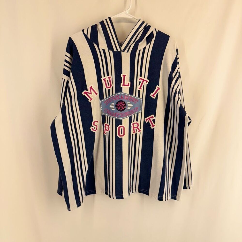 Vintage Extra Elements Women's Navy Blue White Striped Hoodie Shirt Size 22W